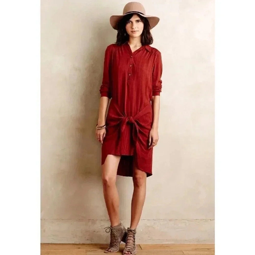 Anthropologie Maeve Tunic Shirt Dress Women Size 0 Burnt Rust Orange Long Sleeve